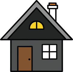 Cartoon style house with chimney, brown door and glowing window