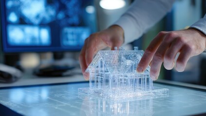 Close-up of hands delicately manipulating a transparent architectural model of a house on a luminous surface, with a blurred technological backdrop