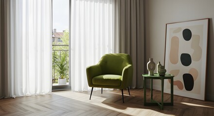 Modern Interior with Green Armchair and Abstract Art