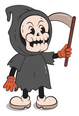 Retro Halloween Grim Reaper Character Illustration – Vintage Cartoon Skeleton Mascot with Scythe