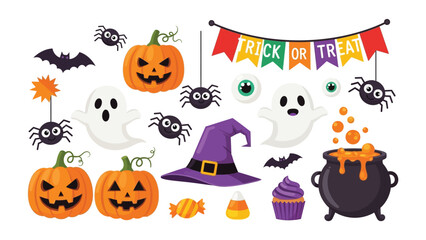 Halloween Fun: A vibrant Halloween ensemble features pumpkins, spooky ghosts, spider, witch's hat, cauldron with potion, bats, and celebratory banner. It's a collection of everything Halloween!