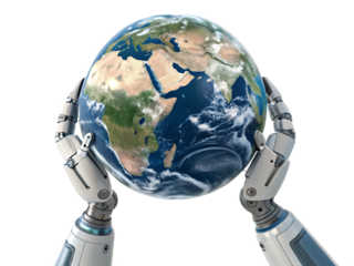 Robot Hands Holding Planet Earth Globe Depicting Technology Future and Global Connection Emphasizing Sustainability and Innovation