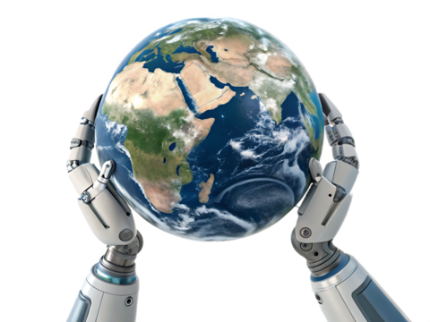 Robot Hands Holding Planet Earth Globe Depicting Technology Future and Global Connection Emphasizing Sustainability and Innovation