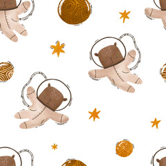Seamless pattern  for baby. Cartoon Bear astronaut. Space illustration with gallaxy planet with clouds. Watercolor illustration on isolated background