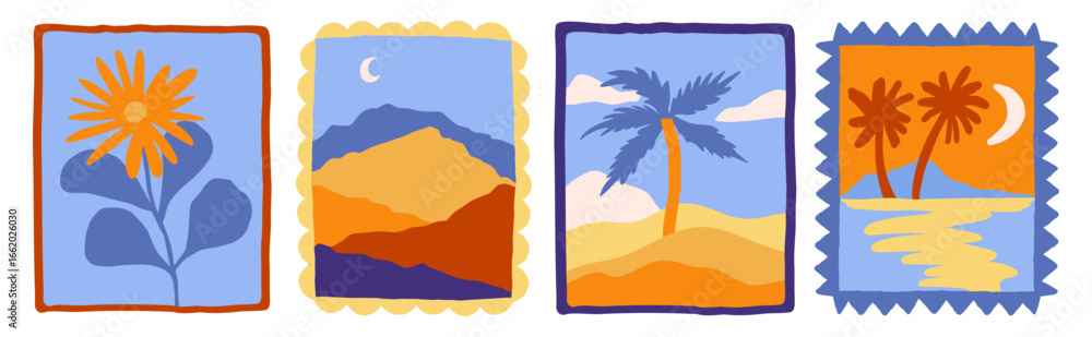 Poster vector illustration in simple line style - boho abstract print - simple natural landscape with mount