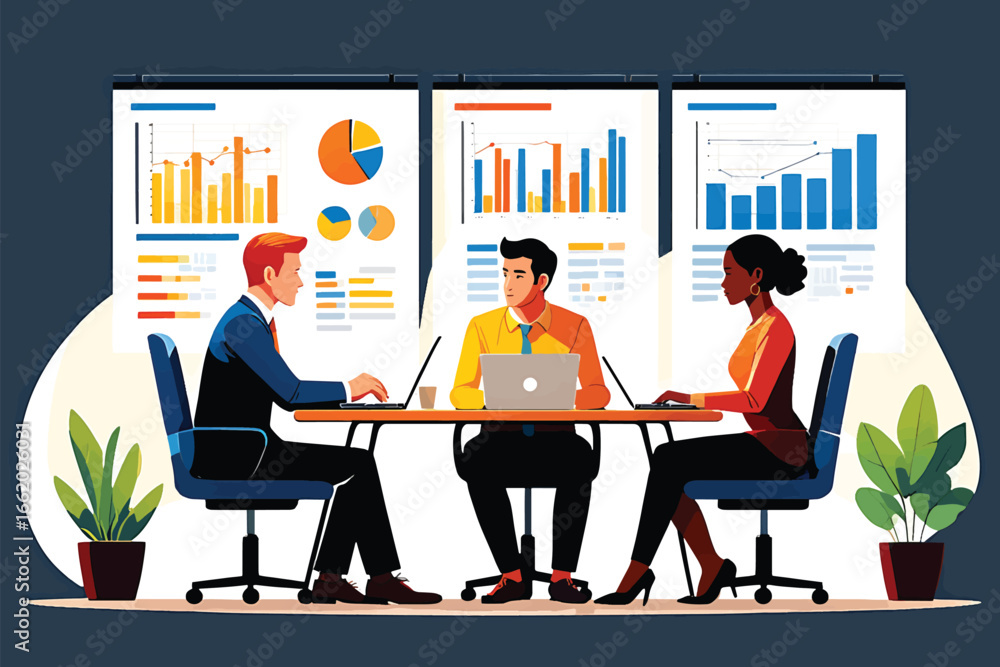 Poster diverse business team in a meeting analyzing data charts and graphs for strategic planning. modern f