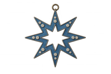 Obraz premium Blue eight-pointed christmas star ornament hanging, with silver metal frame and rivets, isolated on transparent background, perfect for holiday projects