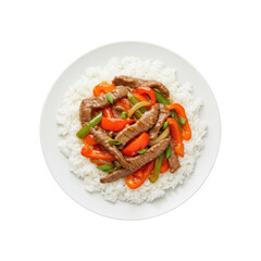 Savory Sliced Beef And Colorful Bell Peppers Stir Fry Served Over Steamed White Rice Isolated On White Background