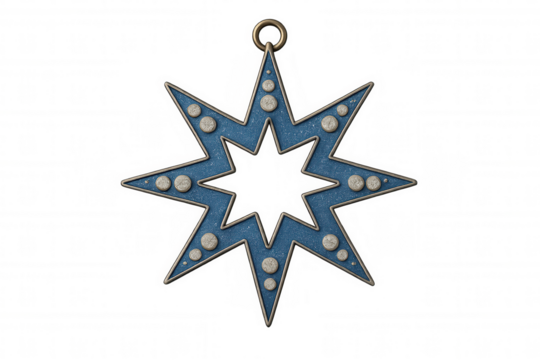 Blue eight-pointed christmas star ornament hanging, with silver metal frame and rivets, isolated on transparent background, perfect for holiday projects - Powered by Adobe