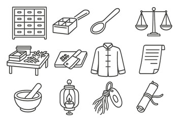 Chinese Medicine Icons. Line style icons of Chinese medicine pharmacy: wooden drawer shelf, apothecary box, measuring spoon,