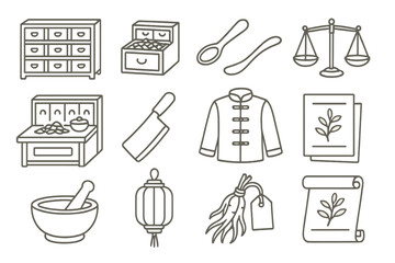 Chinese Medicine Icons. Line style icons of Chinese medicine pharmacy: wooden drawer shelf, apothecary box, measuring spoon,