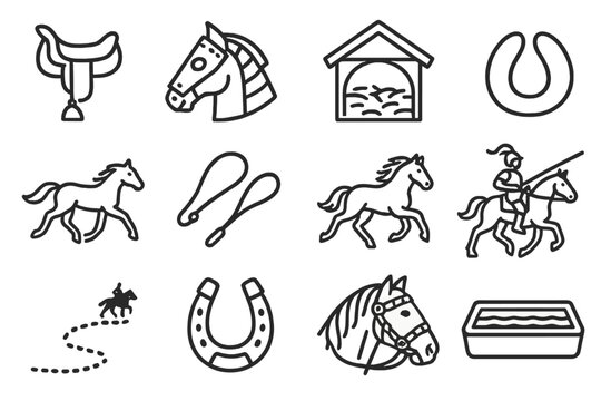 Historic War Horses Icons. Line style icons of historic war horses: war saddle, armored horse head, stable with straw, hoof