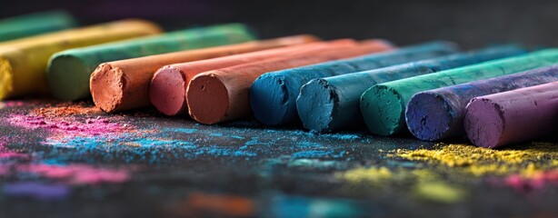 The vibrant arrangement of colorful chalks on a textured black surface.