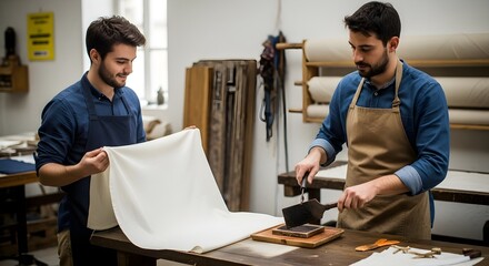 Two male artisans collaborate in a textile workshop, one inspecting fabric and the other preparing a block print, showcasing handmade craftsmanship.