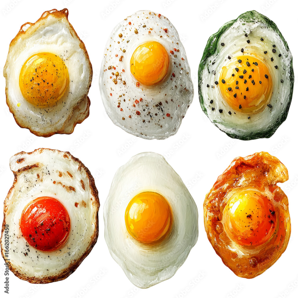 Poster a collection of six fried eggs with different styles on a black background isolated on transparent b
