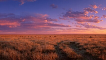 Expansive, golden grassland under a vibrant, purple and orange sunset sky; subtle clouds drift across the vast horizon