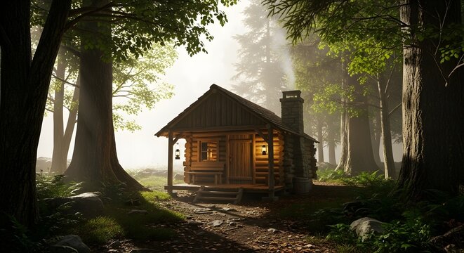 A cozy log cabin nestled in a misty forest with warm light emanating from the windows and lanterns - Powered by Adobe