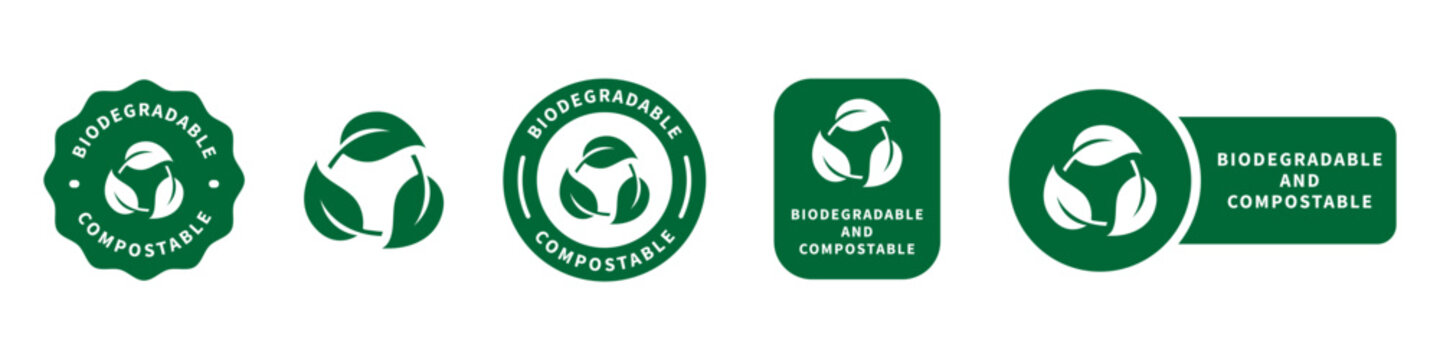 Biodegradable and Compostable vector stamps for product features information.