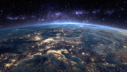 Fototapeta premium Night-lit Earth's curvature viewed from space, showcasing city lights against a star-studded Milky Way backdrop