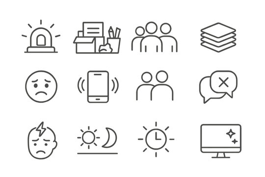 Behavioral Trigger Icons. Line style icons of behavioral triggers in environment: noise alarm, clutter space, social pressure icon