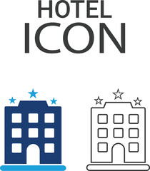 Hotel icons, Line art icons design. Containing house, office, bank, school, hotel, shop, university, and hospital icons. Solid icon collection. Vector illustration.