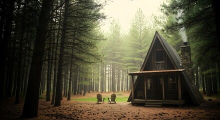 A frame cabin nestled in a forest with two chairs and smoke coming from the chimney on a foggy day