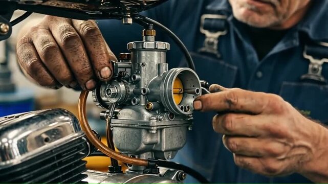 Motorcycle mechanic adjusts a carburetor