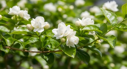 Fototapeta premium Beautiful white Arabian jasmine flowers blooming on a green bush, symbolizing purity and grace in a serene garden.