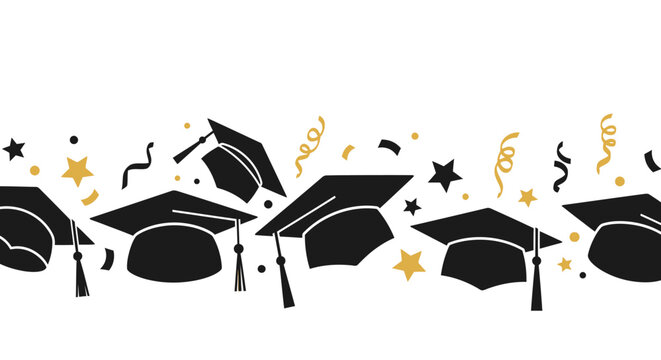 Festive graduation caps border with stars and confetti for celebratory design