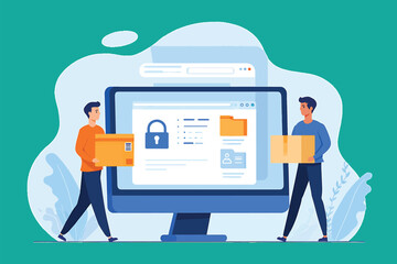 Vector illustration concept of secure data transfer and digital file management. People with boxes interacting with a protected computer screen for cybersecurity.
