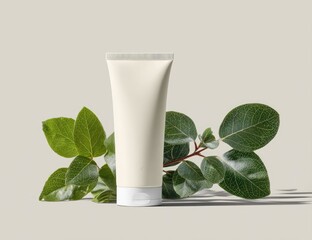 Off-white squeeze tube of cream or lotion nestled amidst vibrant green leaves on a neutral background, casting a subtle shadow