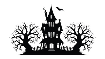 Spooky Halloween Scene: An illustrated silhouette of a haunted house is featured on a spooky night with flying bats, and dead trees in front. A perfect image for celebrating this event.