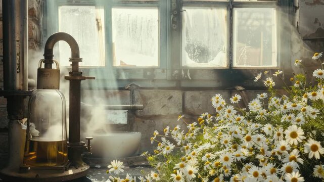A classic kitchen setting with vintage decor and a bouquet of fresh flowers