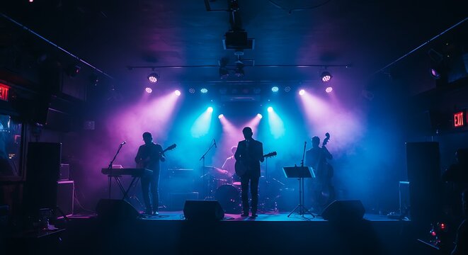 Live Band Performing on Stage with Colorful Stage Lighting in Nightclub