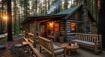 A cozy log cabin nestled in a forest with a porch and furniture at sunset with a river nearby