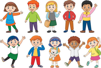 Black and white cartoon children illustration, school kids line art, educational coloring page, diverse students character design, vector drawing