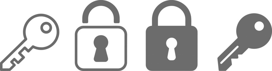Lock and key icons, security symbols, padlock illustrations, safety design, locked unlocked icons, 