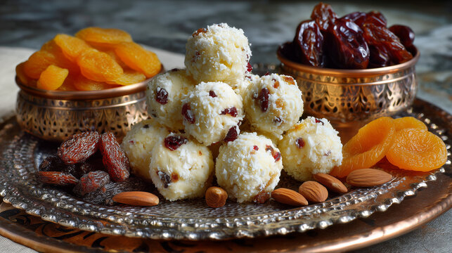Kurut cheese balls and dried fruits as travel snack set