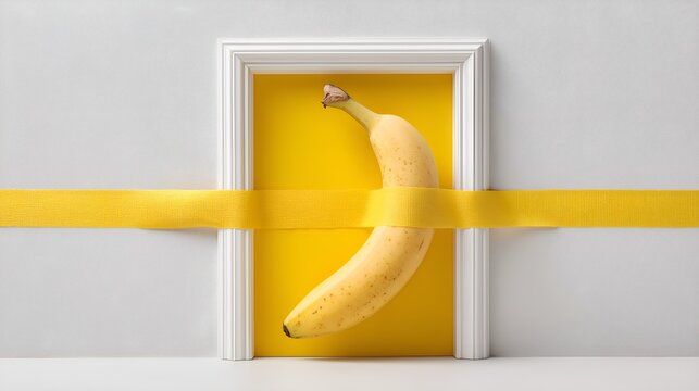 Conceptual Minimalist Art Installation of Banana Taped to Yellow Background Inside White Frame, Symbolizing Modern Art Satire and Pop Culture Commentary