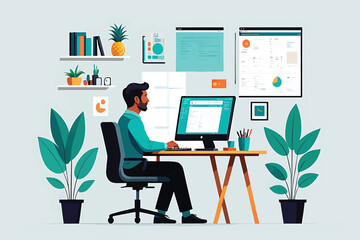 Freelancer Working at Home Office Desk, Vector Illustration
