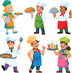Cartoon chefs and kitchen staff characters, colorful professional cook illustration, happy people cooking, baking, and serving food and drinks