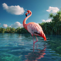 Graceful Flamingo Stands on Two Leg in Shallow Water.