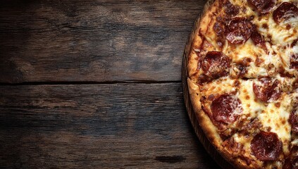 Half a pepperoni pizza sits on a dark wooden surface, cheese melted, pepperoni slices visible, ample negative space to the left