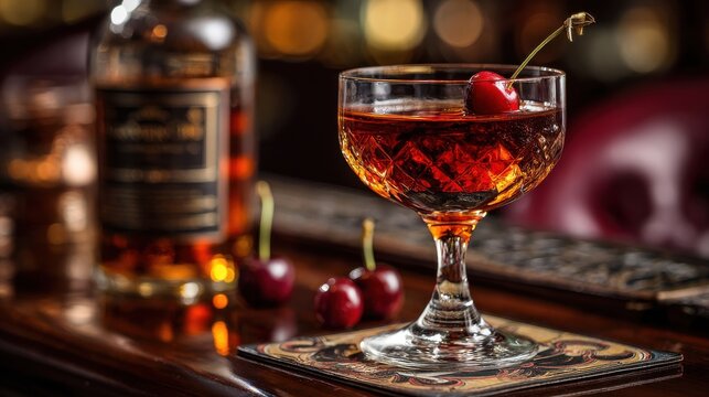 Classic Manhattan with cherry on mahogany bar surface : Classic Cocktail Hour

