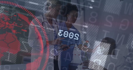 Medical staff reviewing data in hospital ward with stethoscope, tablet and red digital map overlay