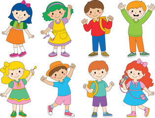 Coloring page of happy cartoon kids, black and white illustration with partial color, fun educational activity, diverse children drawing