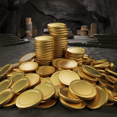 The cave in the mountain is full of gold coins.
