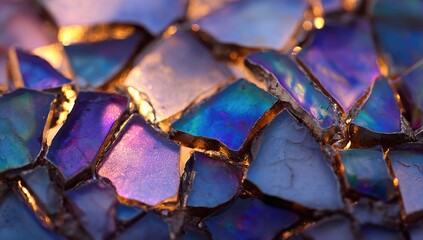 Iridescent glass shards, fractured and layered, illuminated by warm light, creating a mosaic of purple, blue, and gold hues