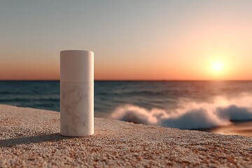 Ivory antiperspirant product positioned on stone surface during evening shore
