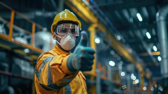 A construction worker wearing a hard hat and protective gear points at the camera, ready to inspect or document something